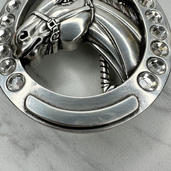 Nocona Rhinestone Horse Horseshoe Western Belt Buckle Silver Tone ✨ - Picture 5 of 16
